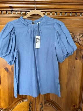 THML Slate Blue Ruffle Neck Puff Sleeve Top
